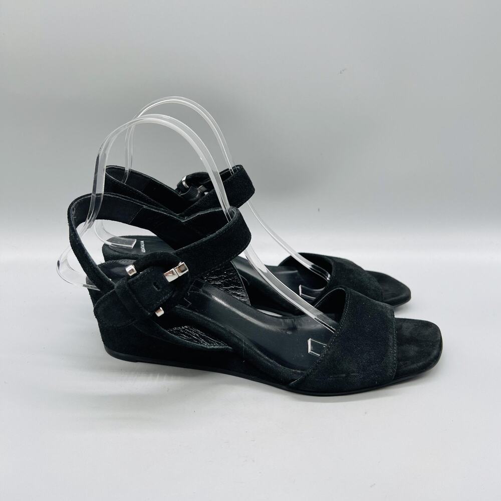 Aquatalia Sandals Womens Size 9.5 Black Suede Slingback Ankle Strap Wedge Shoes